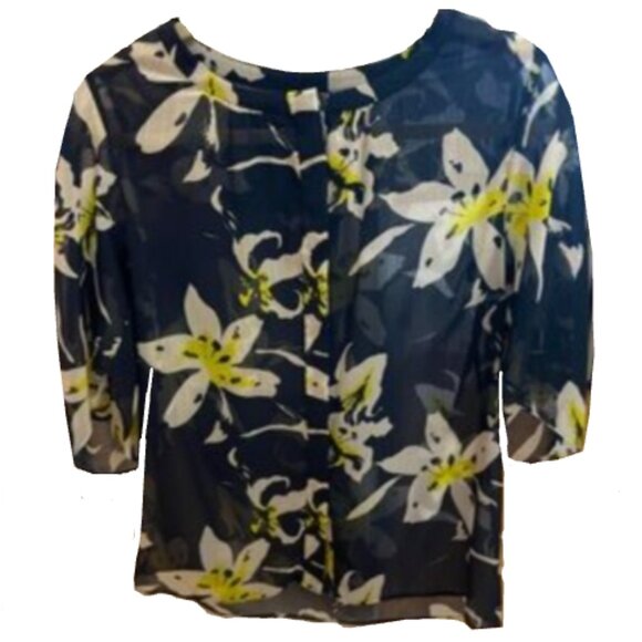 Brand New CLUB MONACO Sheer Textured Navy Floral Print Kimono Sleeve Blouse - Picture 4 of 9